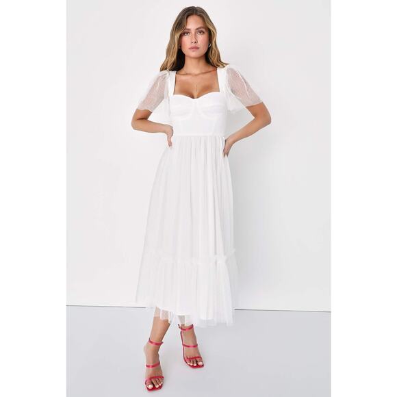 NWT Lulus Dreamy Celebration Sheer Tulle Bustier Swiss Dot Midi Dress S White - Picture 1 of 15